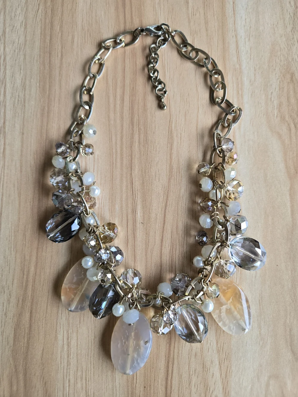 Gold-Tone Cluster Statement Necklace Agate Crystal Beads Peach Clear Smoky Grey